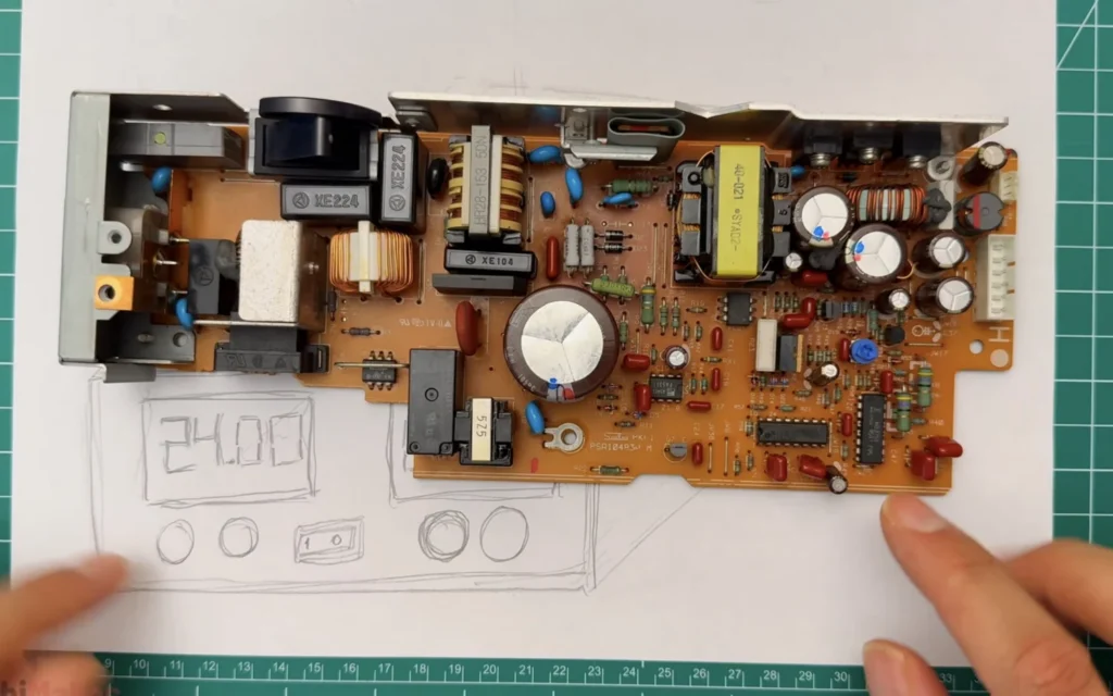 Salvaged printer power supply board laid on top of the pencil sketch of the bench power supply