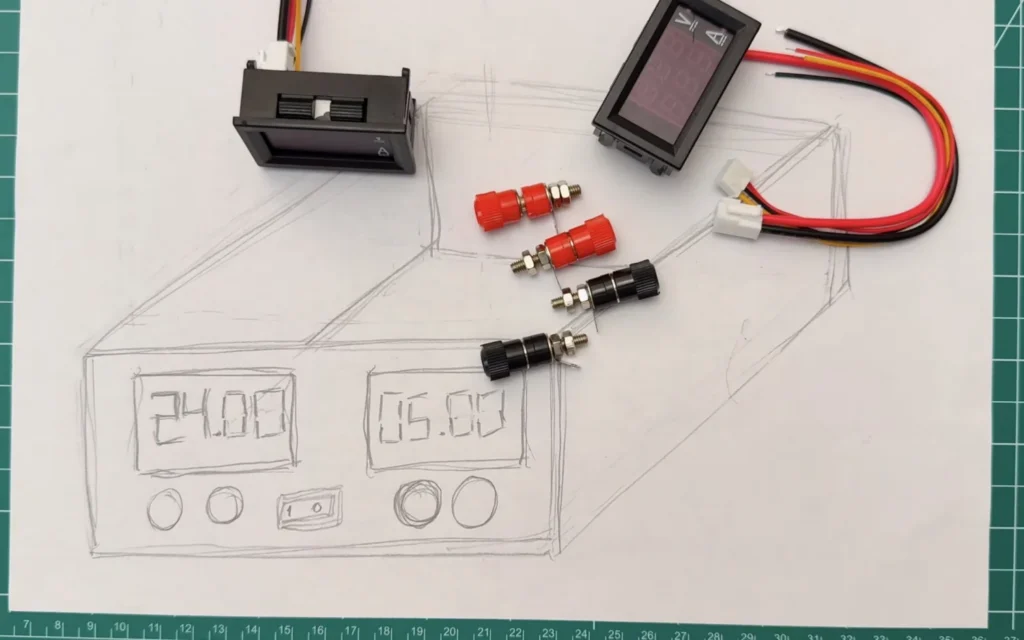 Two digital volt/amp meters and four red and black banana binding posts laid out on the pencil sketch