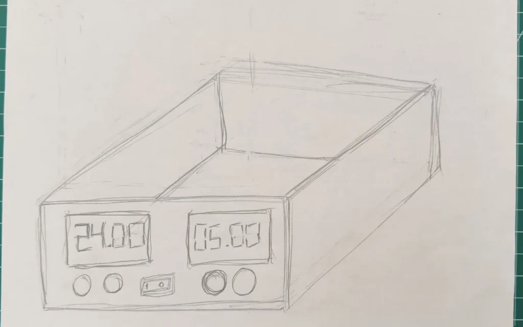 Pencil sketch of a bench power supply box with two displays reading 24.00 and 05.00, output terminals and a switch on the front