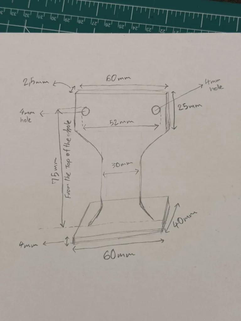 Pencil sketch of the first motor mount with dimensions: 60 mm top plate, 4 mm holes 52 mm apart, 30 mm neck, 75 mm height and a 60 by 40 mm foot