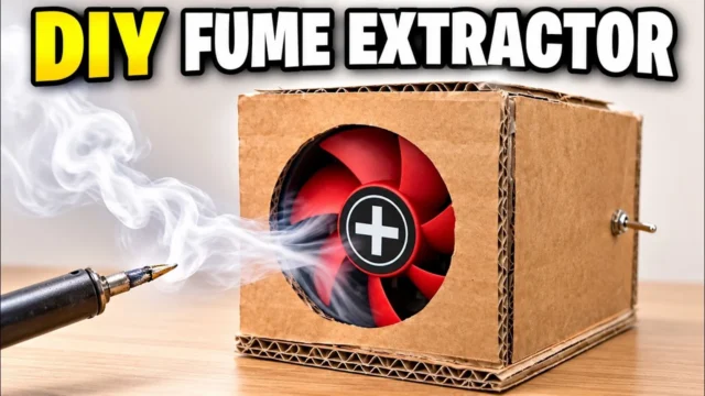 Cardboard DIY fume extractor with a red PC fan behind a round opening, pulling solder smoke away from a soldering iron tip