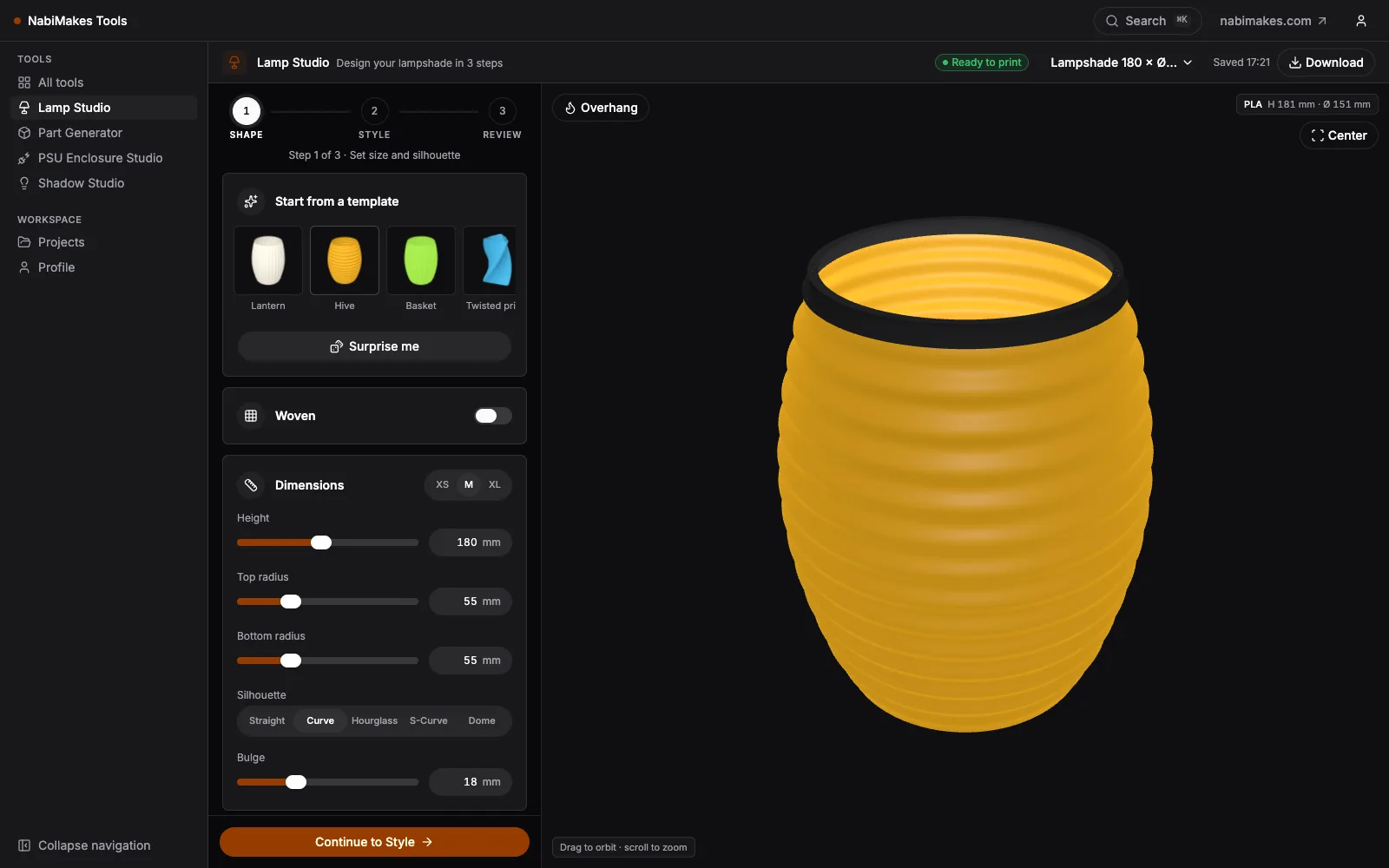 Lamp Studio in the browser: a ribbed Hive lampshade previewed in 3D next to its size and silhouette controls