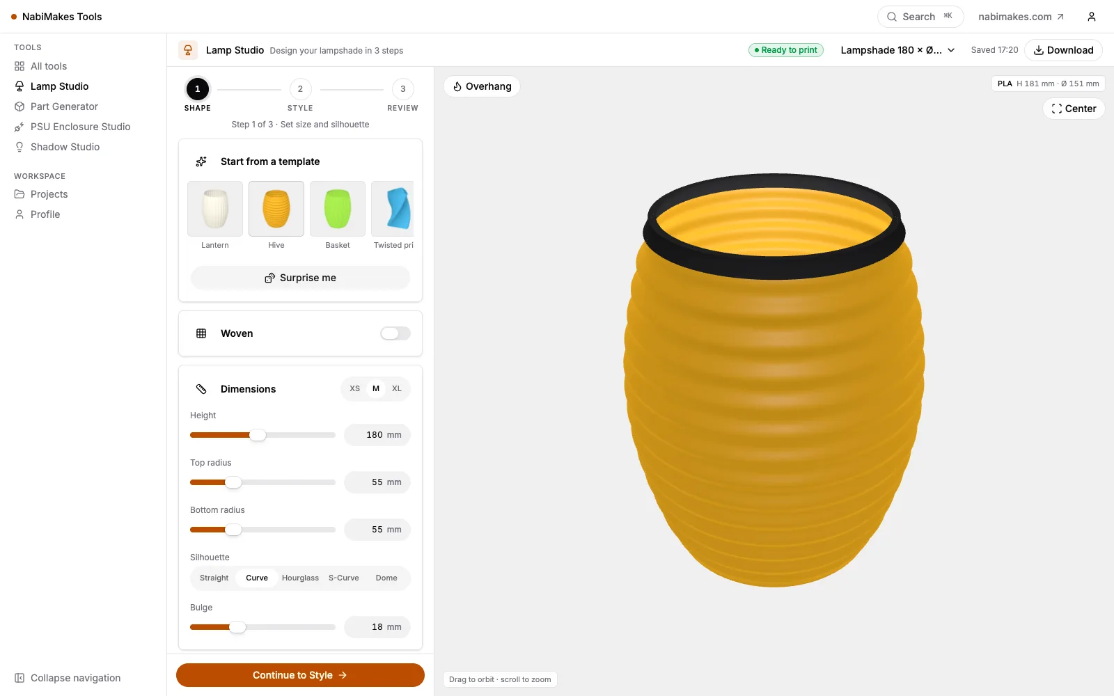Lamp Studio in the browser: a ribbed Hive lampshade previewed in 3D next to its size and silhouette controls