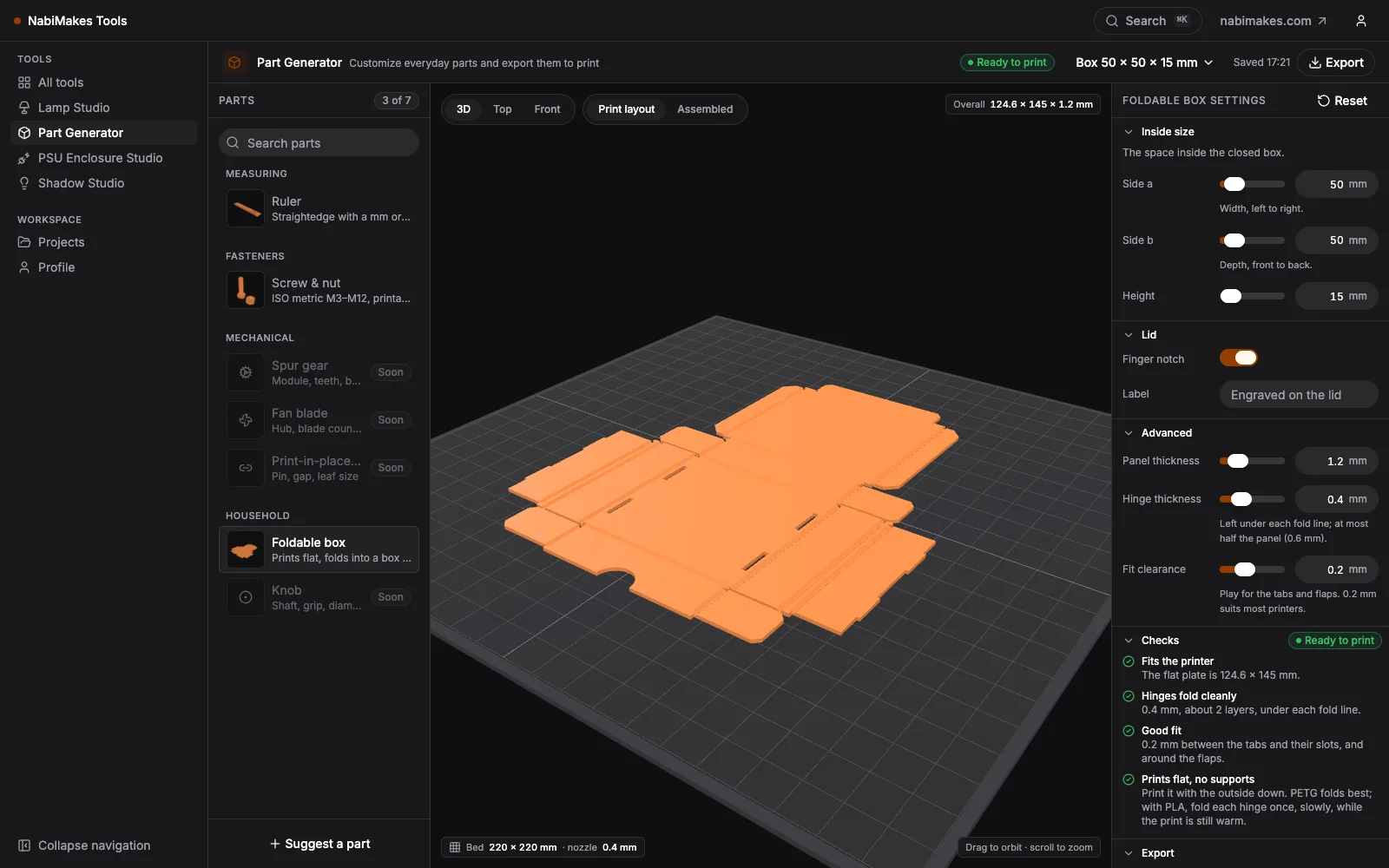 Part Generator in the browser: a foldable box laid out flat on the print bed with its size settings and passed print checks