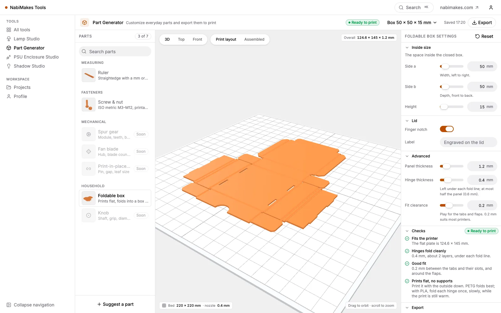 Part Generator in the browser: a foldable box laid out flat on the print bed with its size settings and passed print checks