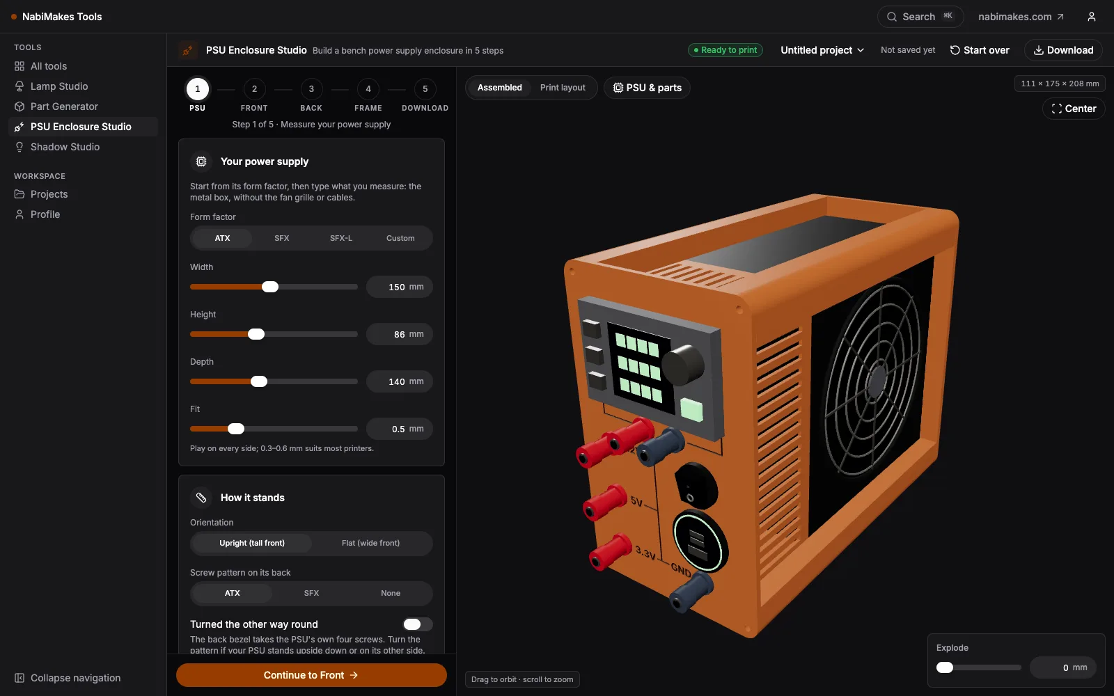PSU Enclosure Studio in the browser: a bench power supply enclosure with front panel, banana jacks and fan grille, configured from the measured PSU size