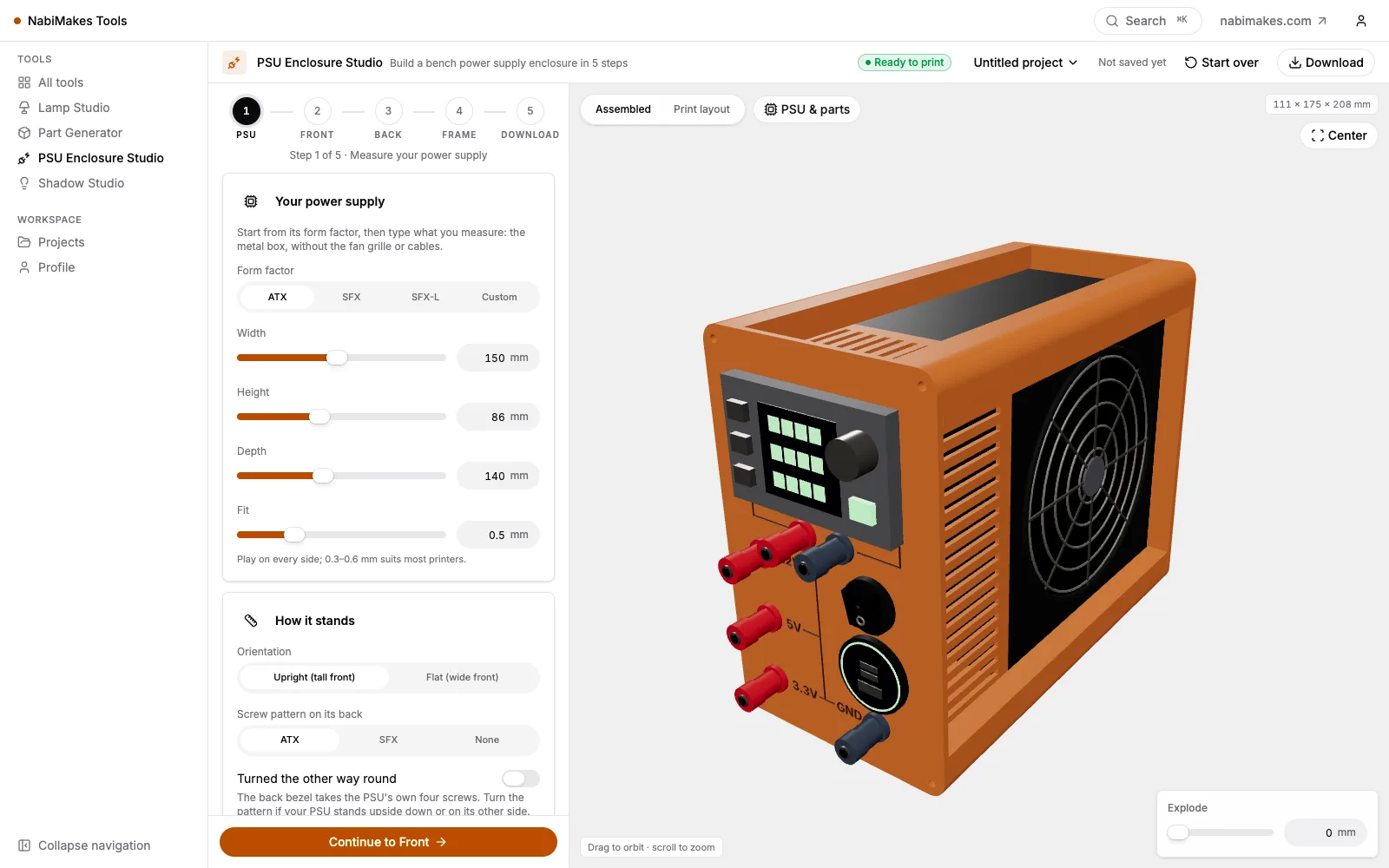 PSU Enclosure Studio in the browser: a bench power supply enclosure with front panel, banana jacks and fan grille, configured from the measured PSU size