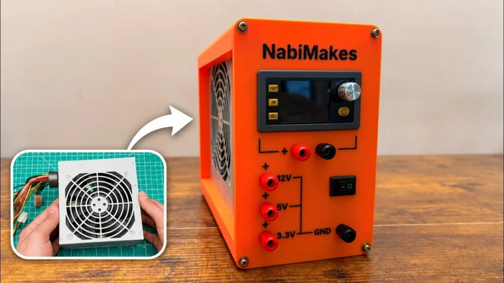 Finished orange 3D-printed ATX bench power supply with an SK120 display, banana jacks and a switch, next to an inset of the old silver PC power supply it was made from