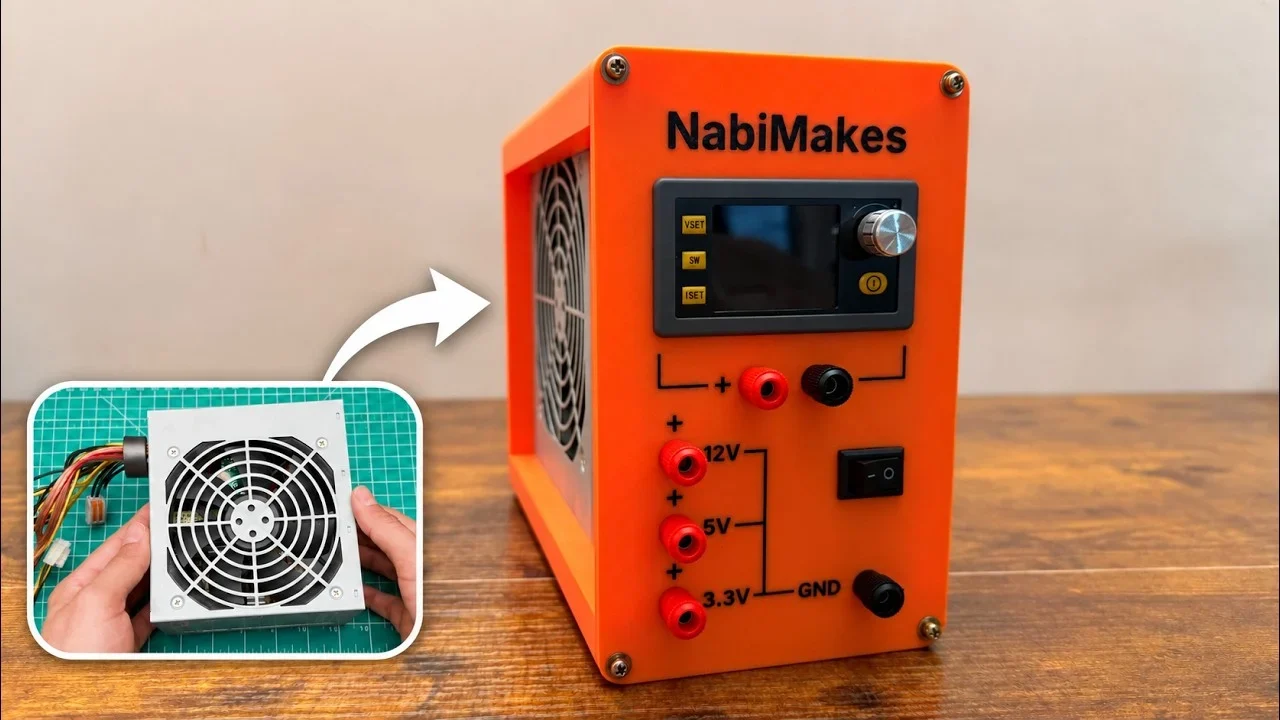 Finished orange 3D-printed ATX bench power supply with an SK120 display, banana jacks and a switch, next to an inset of the old silver PC power supply it was made from