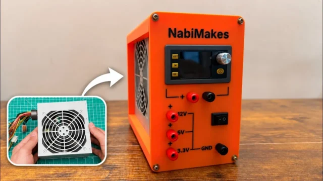 Finished orange 3D-printed ATX bench power supply with an SK120 display, banana jacks and a switch, next to an inset of the old silver PC power supply it was made from