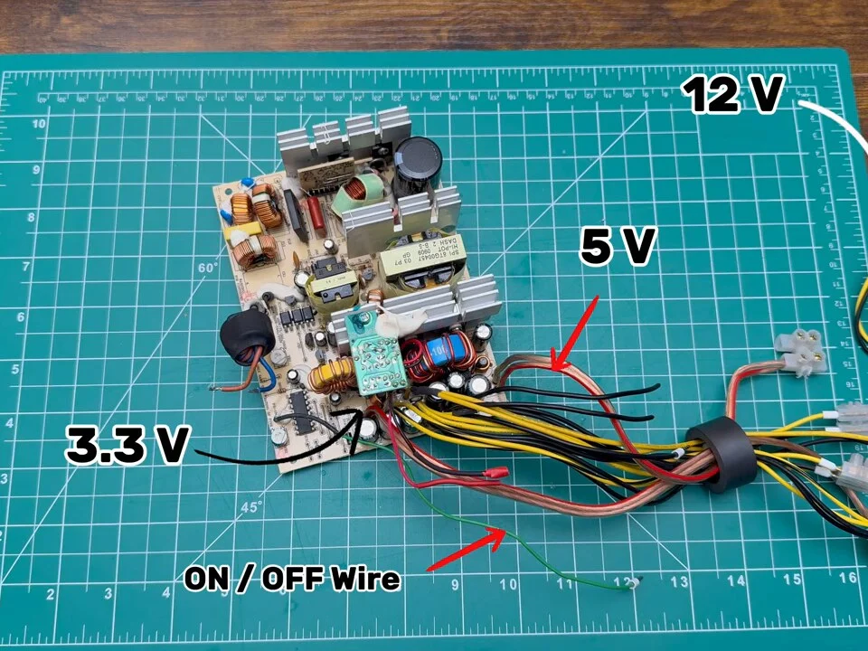 Power supply board with the wire bundles labelled 12 V, 5 V, 3.3 V and ON/OFF wire
