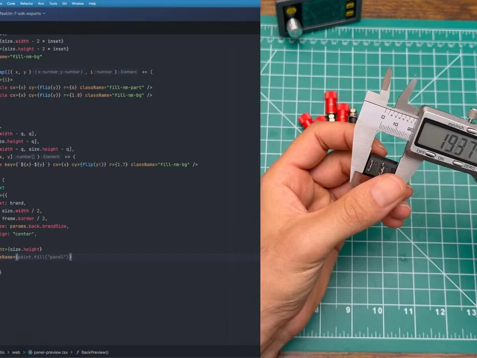 Split screen of code on the left and a caliper measuring a banana jack on the right