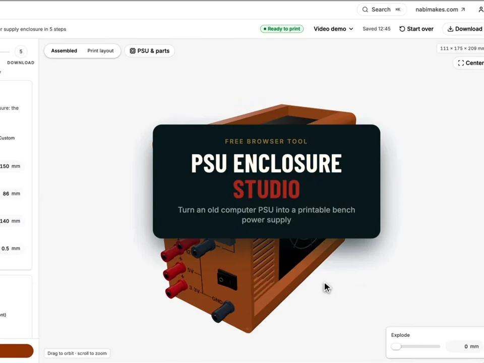 PSU Enclosure Studio start screen with a 3D preview of an orange bench power supply enclosure