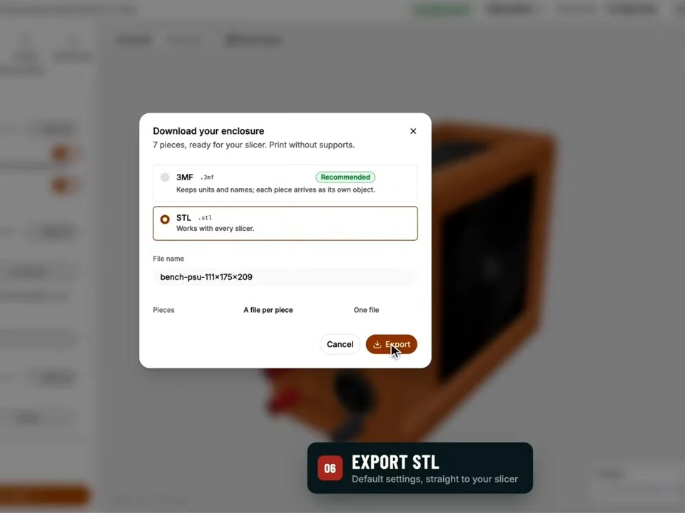 PSU Enclosure Studio export dialog for downloading the enclosure STL files