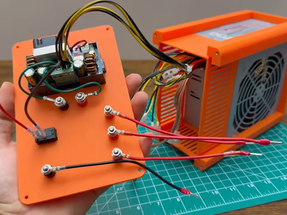 Front panel with red and black wires running to the fixed-output jacks and the switch
